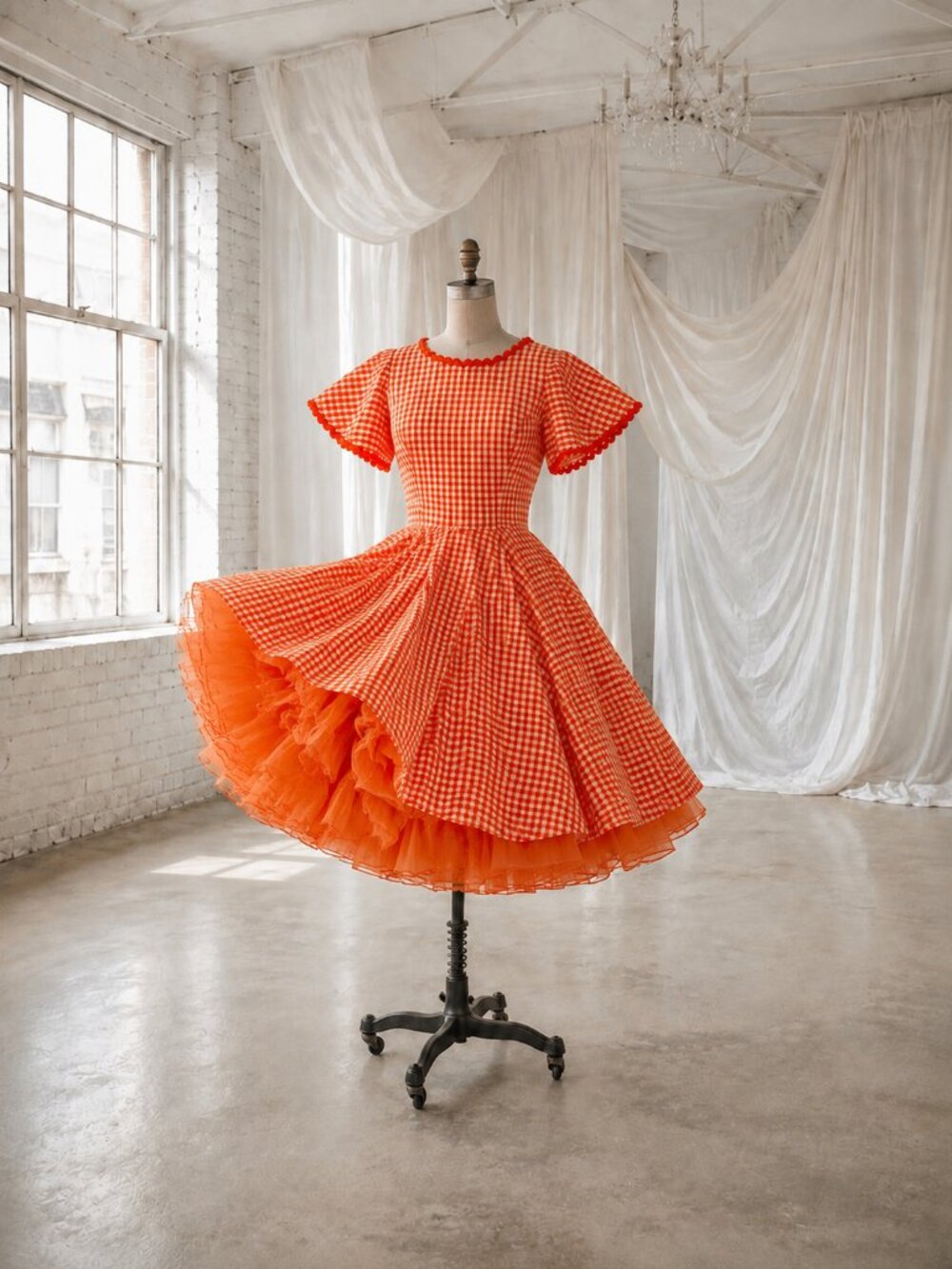 Vintage 60s Orange Gingham Circle Skirt Dress & Petticoat Square Dance Costume M